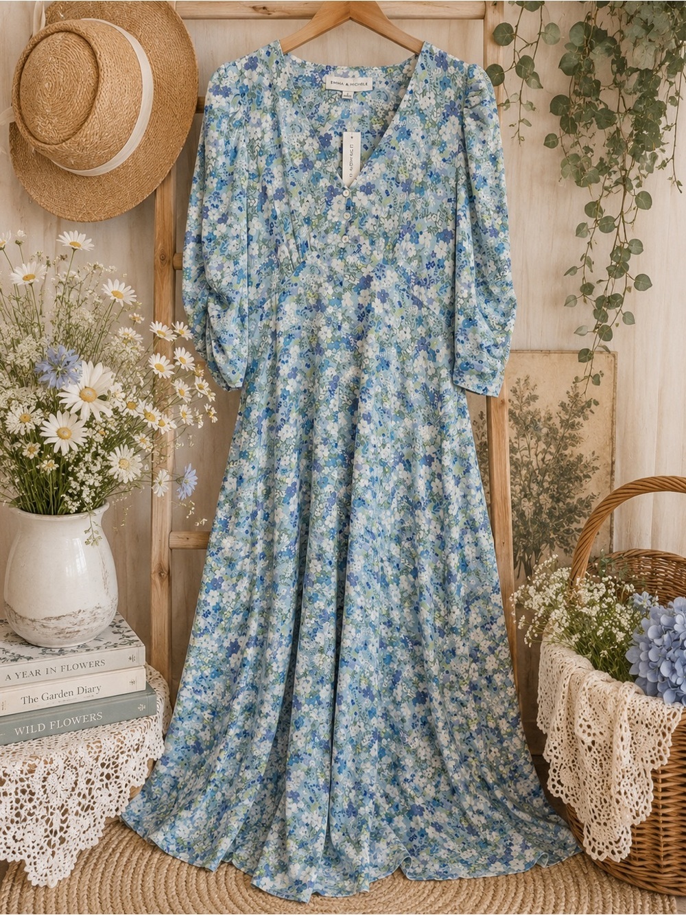 Emma & Michele Empire Waist Blue Water Color Midi Dress Small Cottage Core